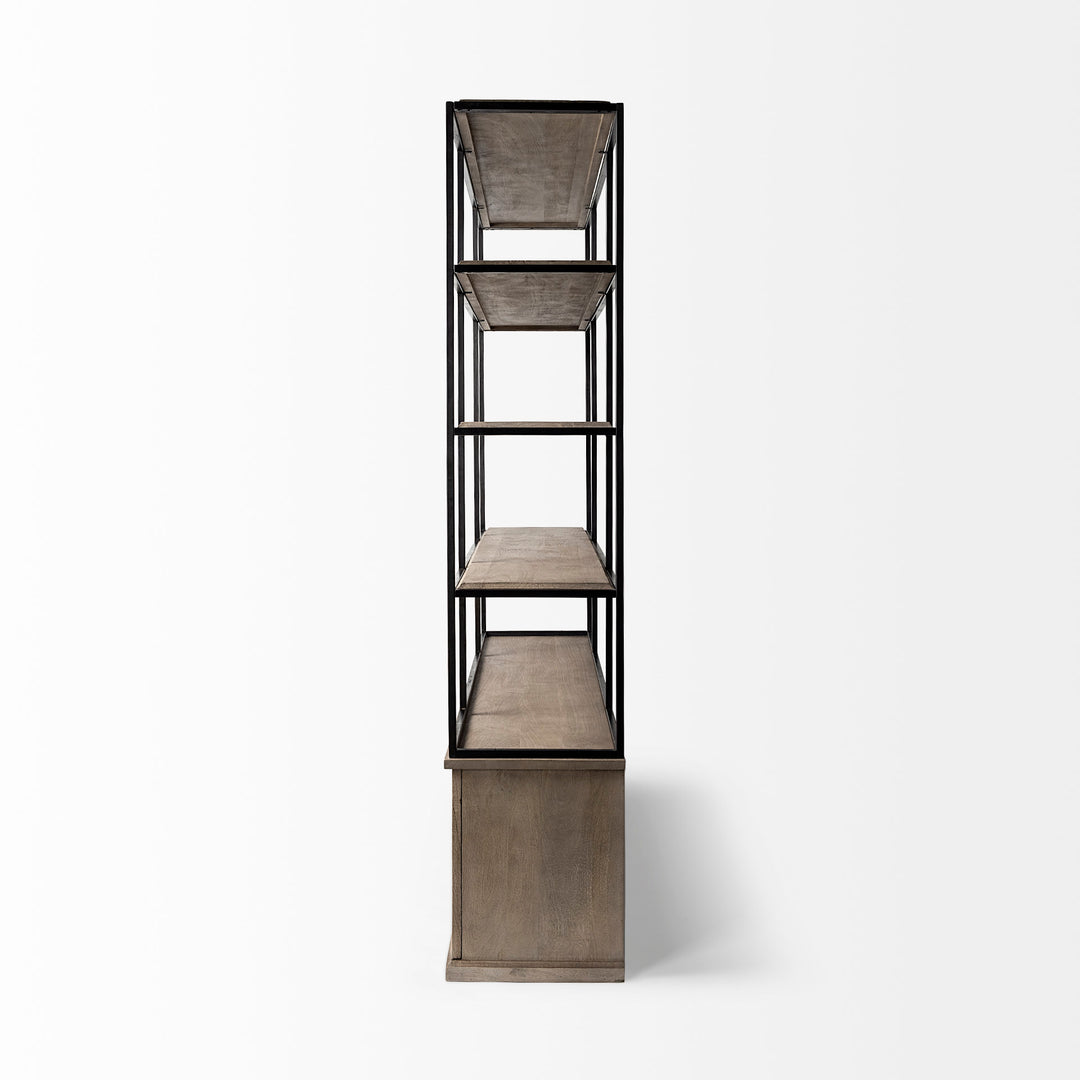 Braxton I Light Brown Wood and Iron Three Shelf Shelving Unit 81.5L x 18.5W x 90 Living Room Mercana