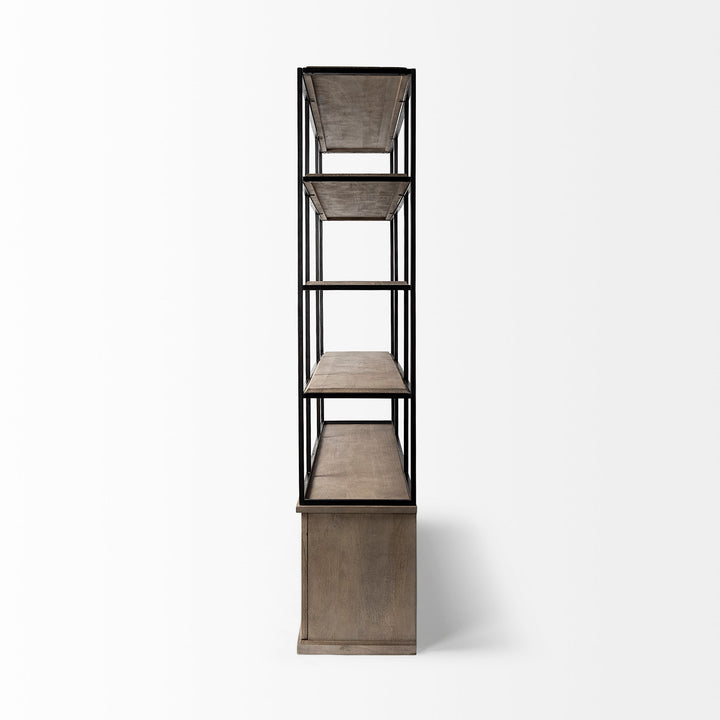 Braxton I Light Brown Wood and Iron Three Shelf Shelving Unit 81.5L x 18.5W x 90 Living Room Mercana