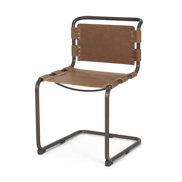 Berbick 33" Total Height Medium Brown Leather w/ Iron Frame Dining Chair Living Room Mercana