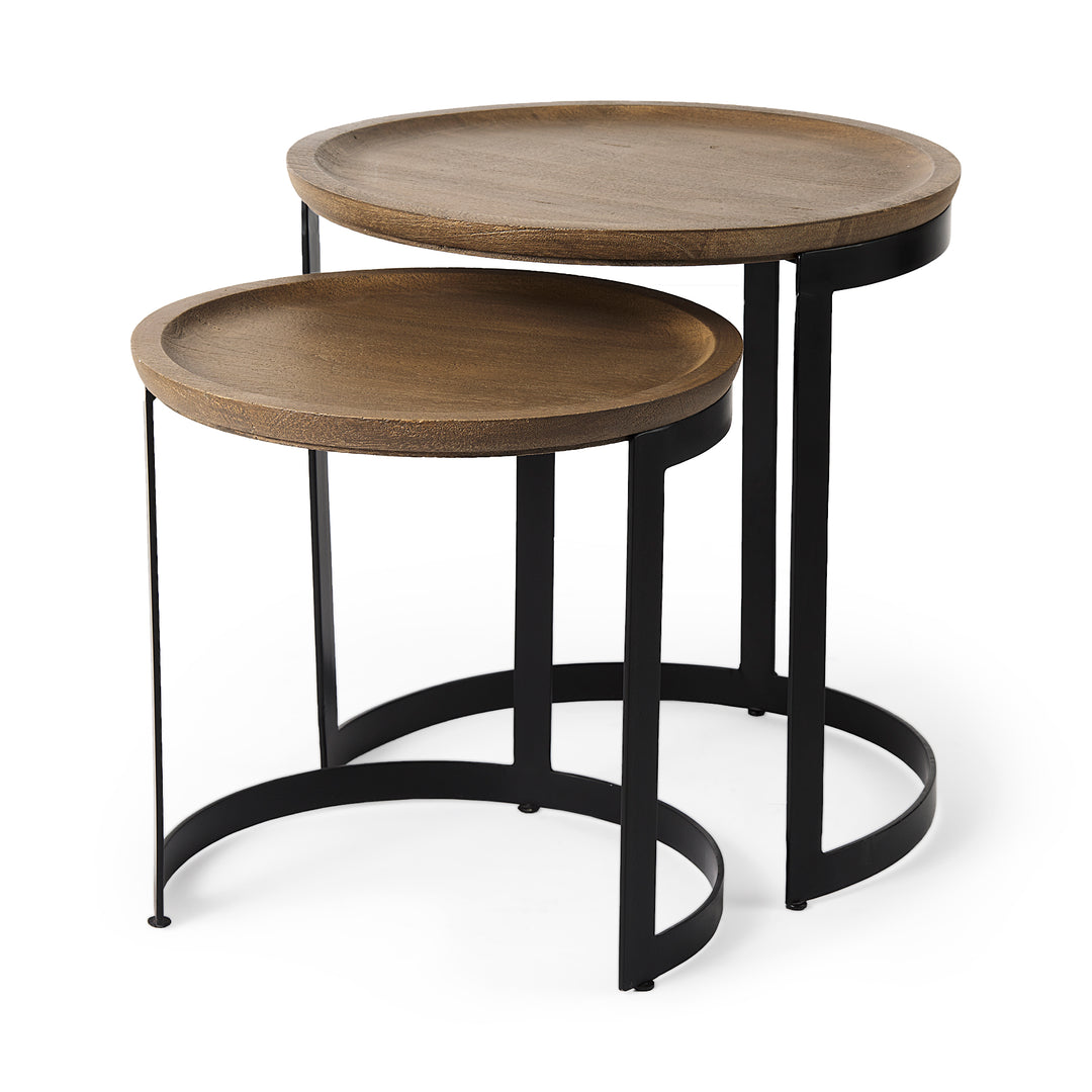 Aisley (Set of 2) Light Brown Wood W/ Black Metal Base Round Nesting Side Tables Living Room Mercana