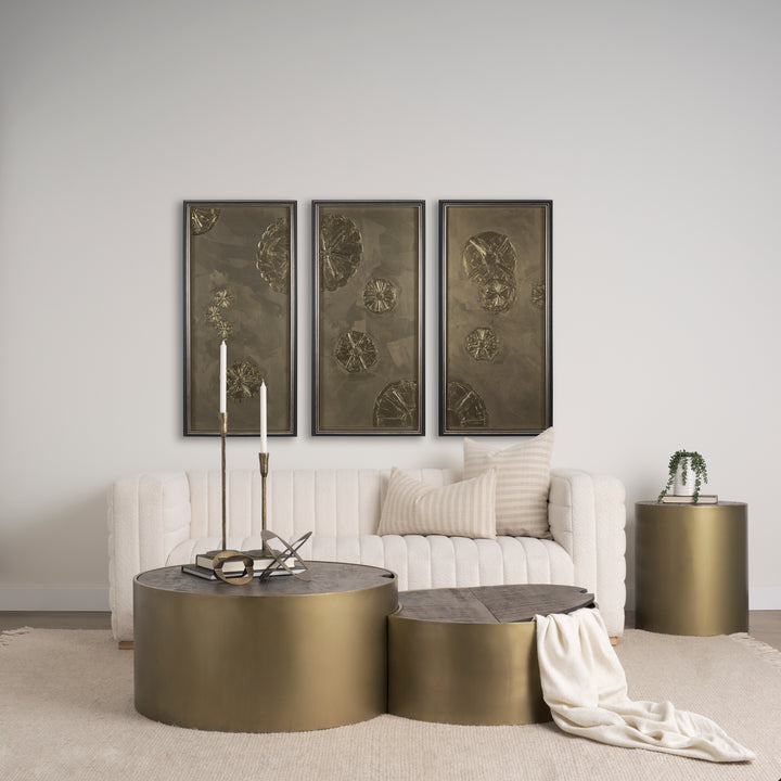 Eclipse Antique Brass Metal Drum Base w/ Dark Brown Wood Top Nested Coffee Table Living Room Mercana