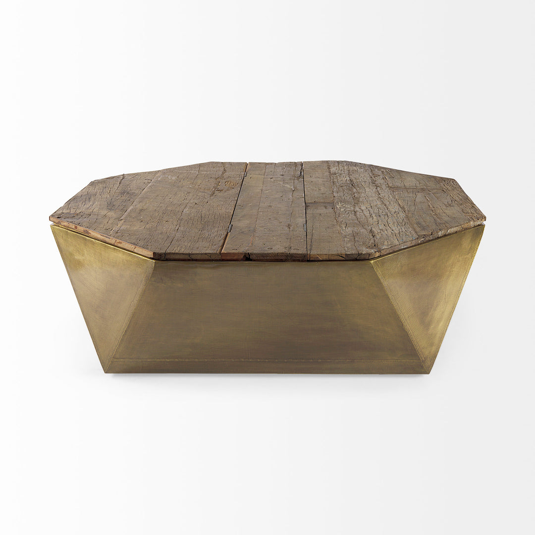 Esagono Octagonal Gold Metal-Clad Reclaimed Wood Coffee Table w/ Storage Living Room Mercana