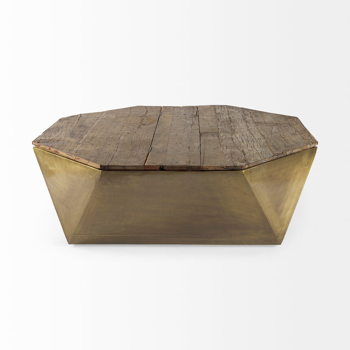 Esagono Octagonal Gold Metal-Clad Reclaimed Wood Coffee Table w/ Storage Living Room Mercana