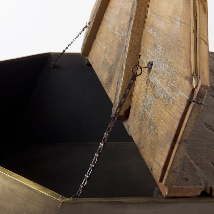 Esagono Octagonal Gold Metal-Clad Reclaimed Wood Coffee Table w/ Storage Living Room Mercana