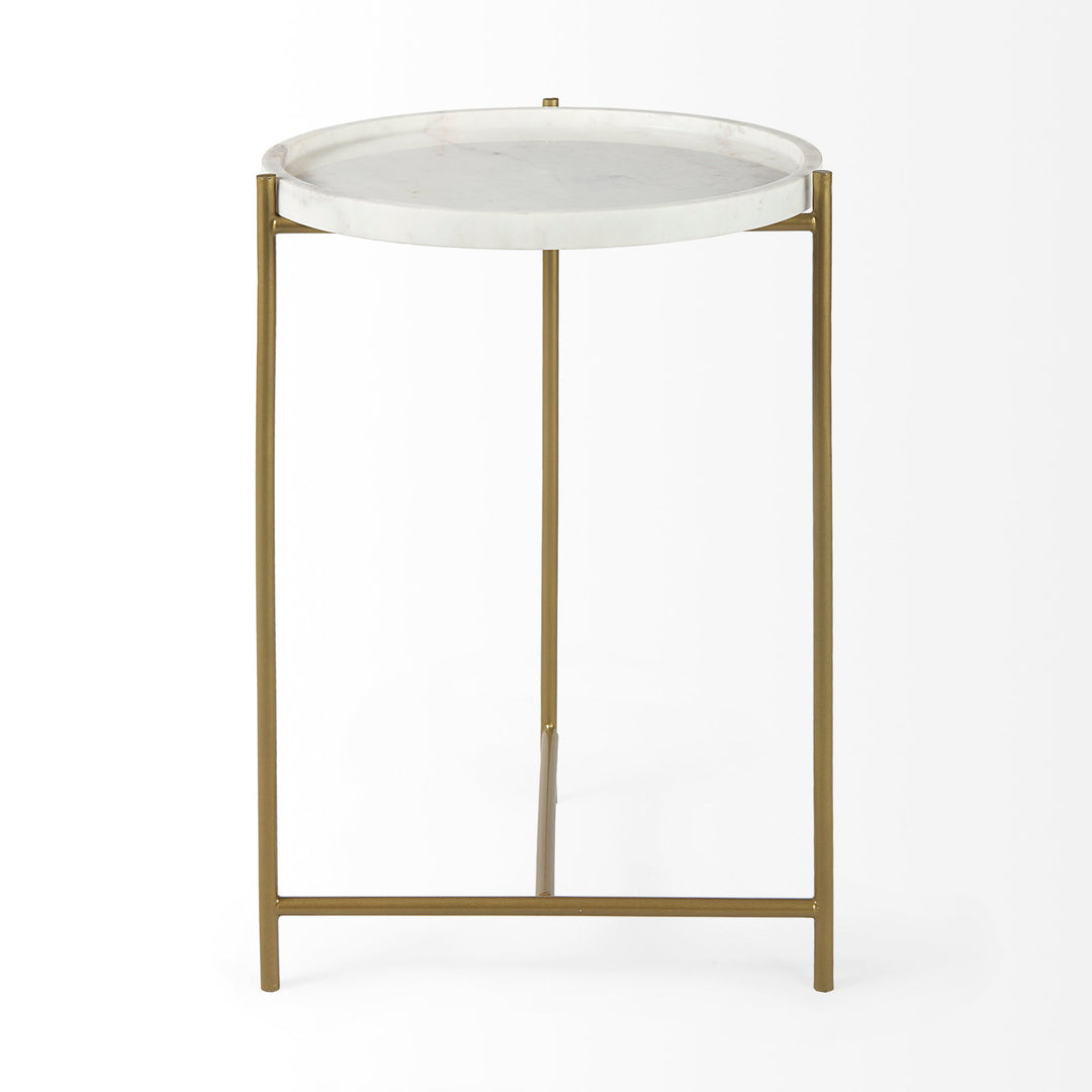 Stella 17L x 17W White Round Marble Top W/Gold Base Accent Table Dining Room Mercana
