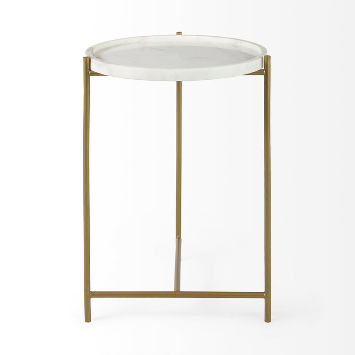 Stella 17L x 17W White Round Marble Top W/Gold Base Accent Table Dining Room Mercana