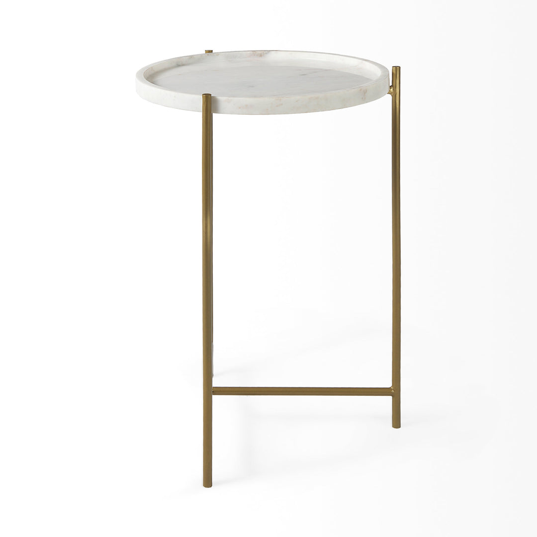 Stella 17L x 17W White Round Marble Top W/Gold Base Accent Table Dining Room Mercana
