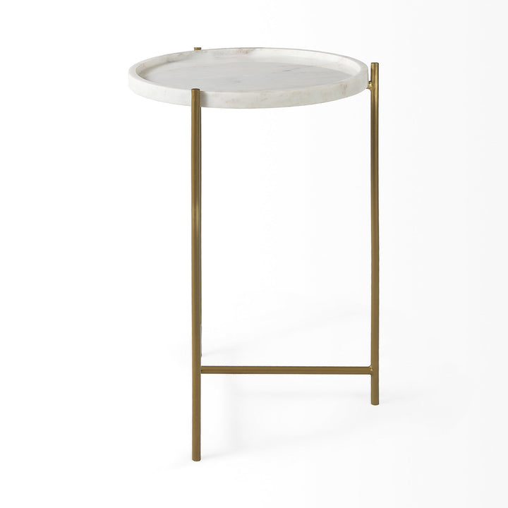 Stella 17L x 17W White Round Marble Top W/Gold Base Accent Table Dining Room Mercana