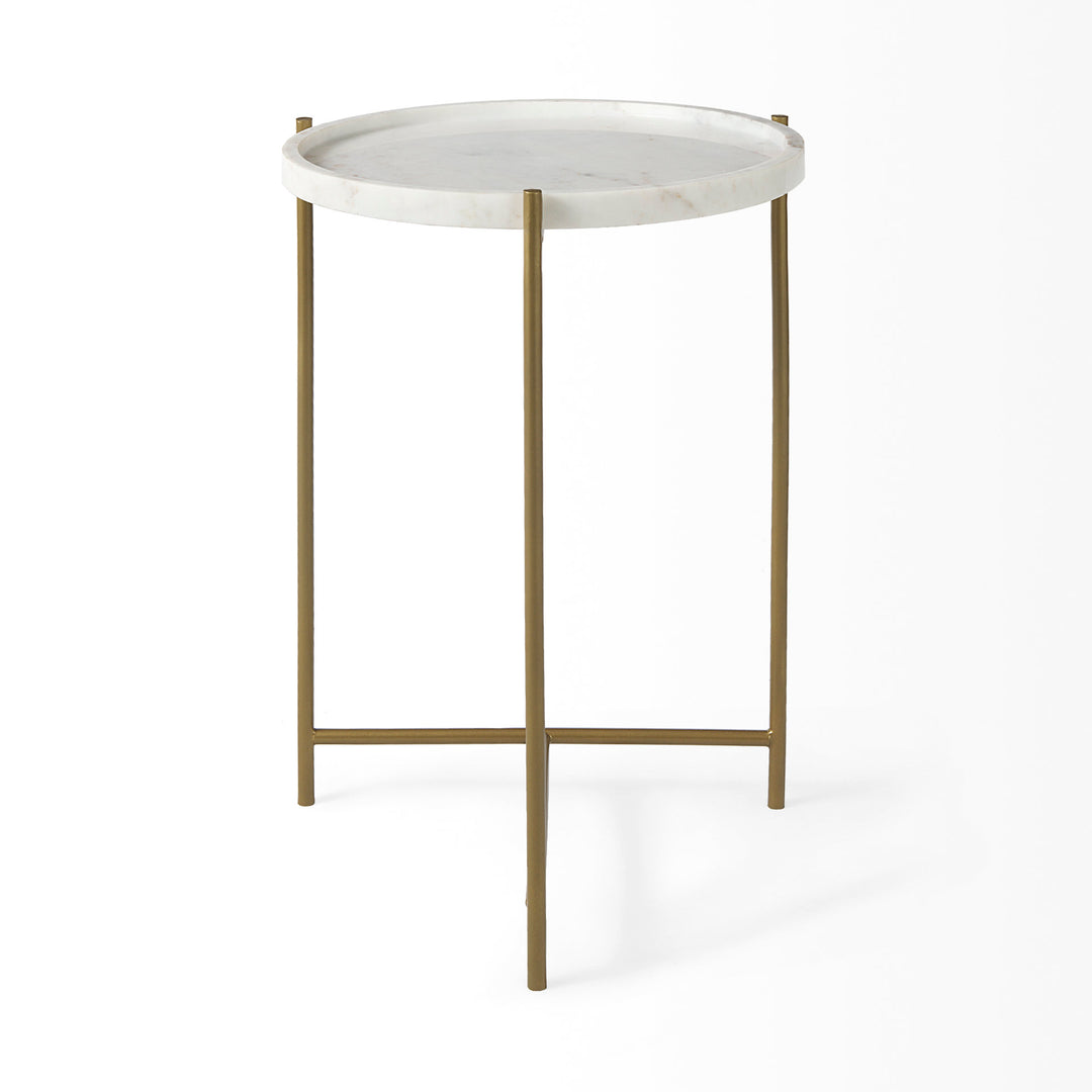 Stella 17L x 17W White Round Marble Top W/Gold Base Accent Table Dining Room Mercana