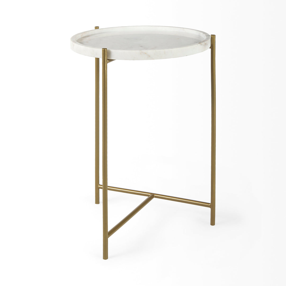Stella 17L x 17W White Round Marble Top W/Gold Base Accent Table Dining Room Mercana