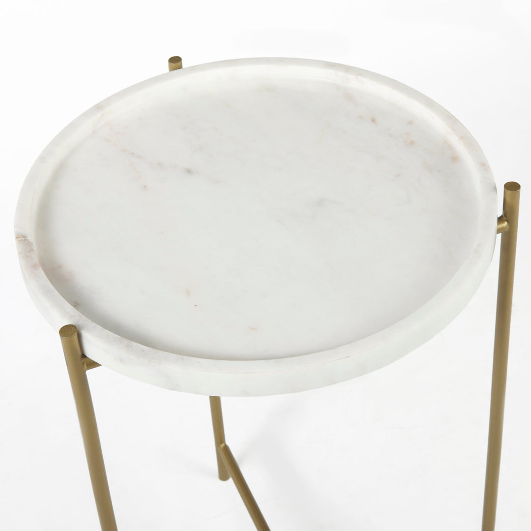 Stella 17L x 17W White Round Marble Top W/Gold Base Accent Table Dining Room Mercana