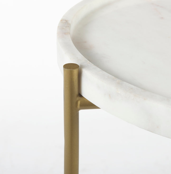 Stella 17L x 17W White Round Marble Top W/Gold Base Accent Table Dining Room Mercana