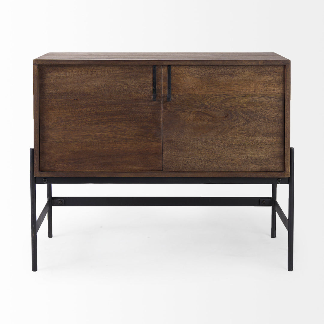 Glenn Dark Brown Wood w/ Black Iron Frame, 2 Door Accent Cabinet Decor Mercana