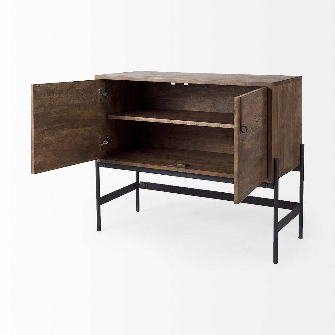 Glenn Dark Brown Wood w/ Black Iron Frame, 2 Door Accent Cabinet Decor Mercana