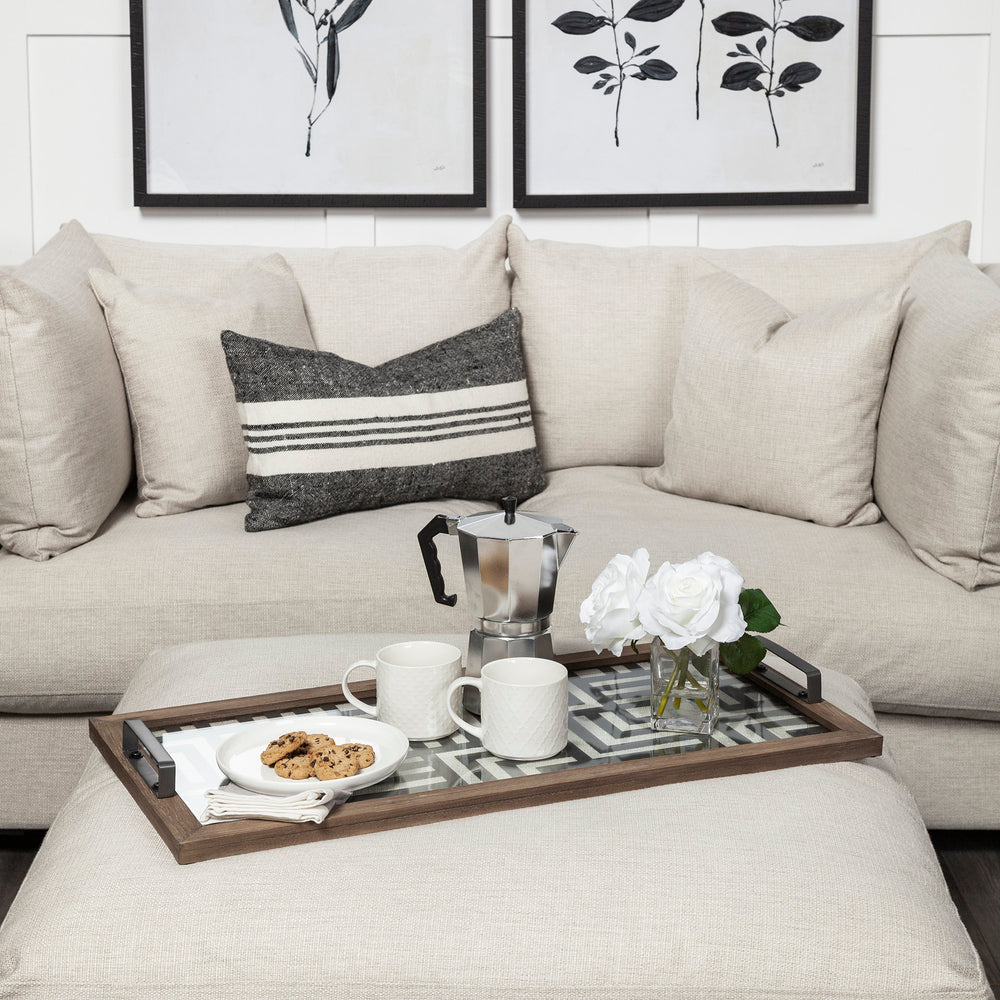 Fantuz 32L x 16W Gray Metal, Wood and Glass Serving Tray Decor Mercana