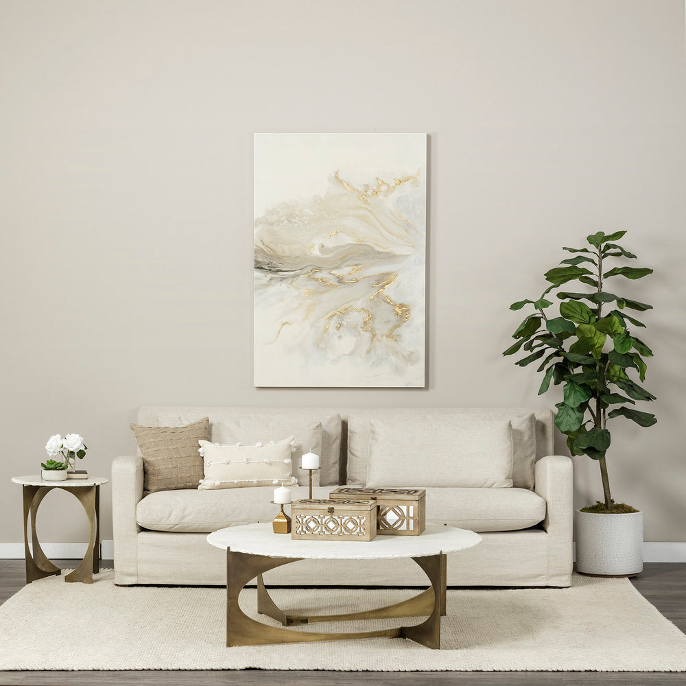 Reinhold 49" Round White Marble Top Gold Metal Base Coffee Table Living Room Mercana