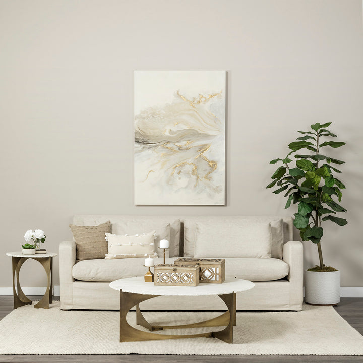 Reinhold 49" Round White Marble Top Gold Metal Base Coffee Table Living Room Mercana