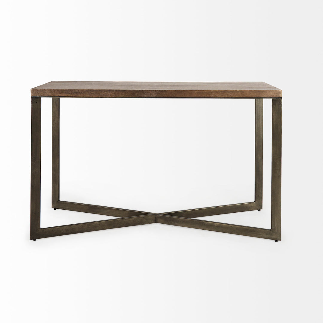 Faye Medium Brown Wood W/Antique Nickel Metal Base Console Table Dining Room Mercana