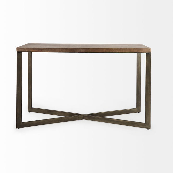 Faye Medium Brown Wood W/Antique Nickel Metal Base Console Table Dining Room Mercana