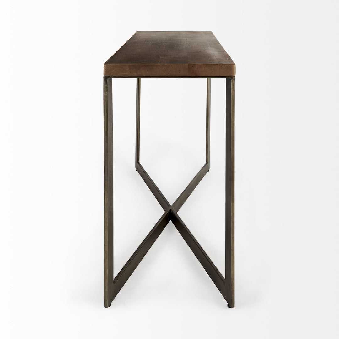 Faye Medium Brown Wood W/Antique Nickel Metal Base Console Table Dining Room Mercana