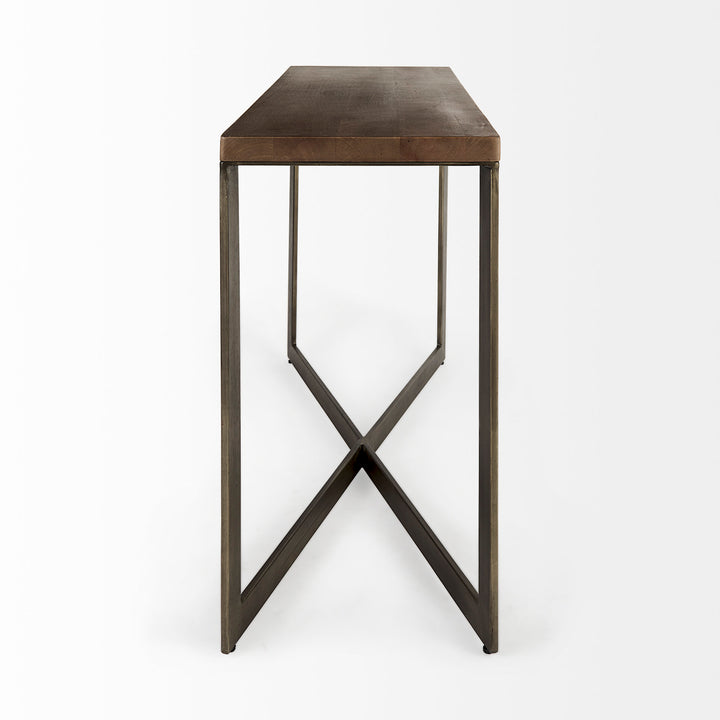 Faye Medium Brown Wood W/Antique Nickel Metal Base Console Table Dining Room Mercana