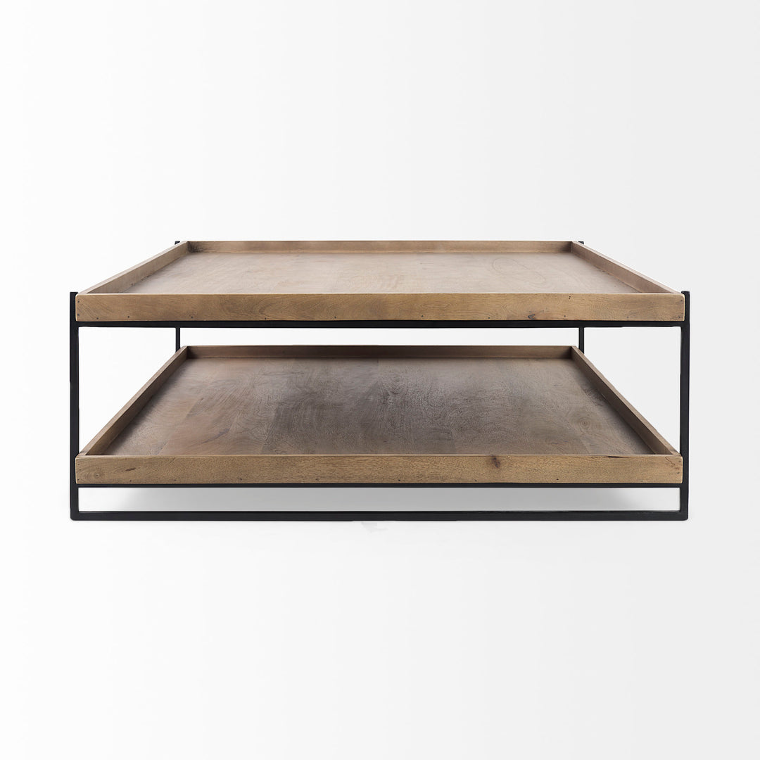 Trey 48x46 Rectangular Brown Solid Wood Top Table Black Metal Frame Two-Tier Coffee Table Dining Room Mercana