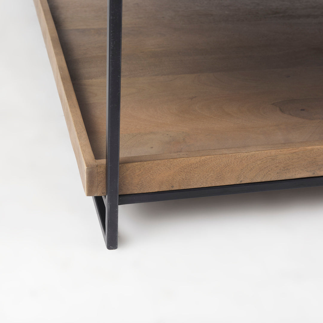 Trey 48x46 Rectangular Brown Solid Wood Top Table Black Metal Frame Two-Tier Coffee Table Dining Room Mercana
