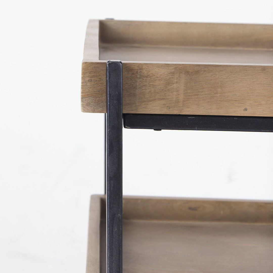 Trey III 20" x 26" Square Medium Brown Wooden Three-Tiered Black Iron Frame End/Side Table Dining Room Mercana