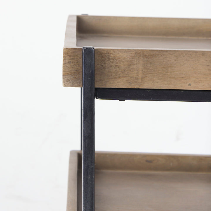 Trey III 20" x 26" Square Medium Brown Wooden Three-Tiered Black Iron Frame End/Side Table Dining Room Mercana