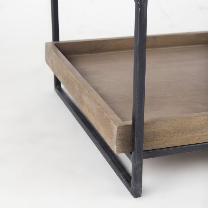 Trey III 20" x 26" Square Medium Brown Wooden Three-Tiered Black Iron Frame End/Side Table Dining Room Mercana