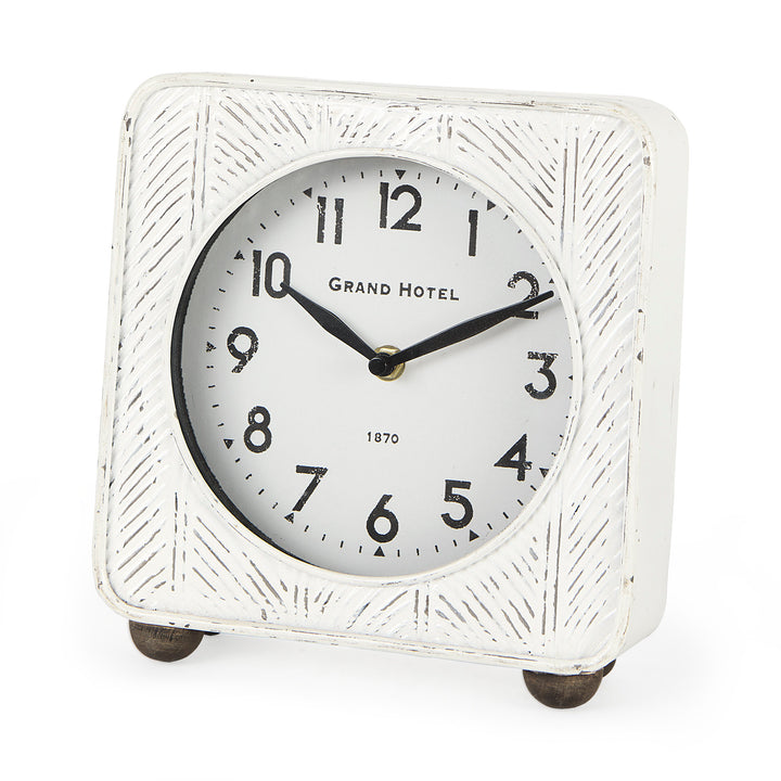 Karl Rustic White Iron Rounded Square Table Clock Decor Mercana
