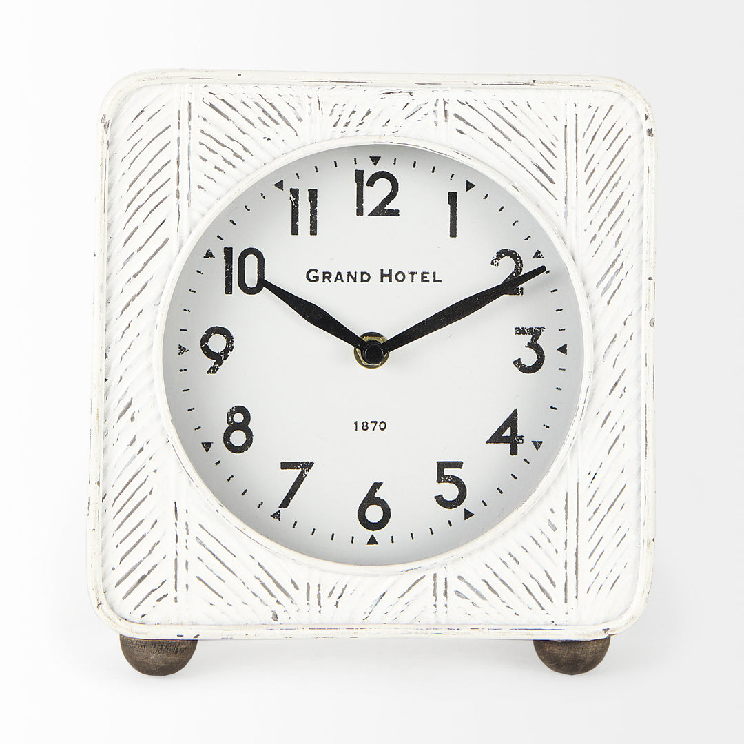 Karl Rustic White Iron Rounded Square Table Clock Decor Mercana