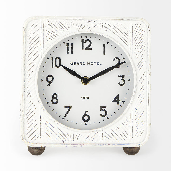 Karl Rustic White Iron Rounded Square Table Clock Decor Mercana