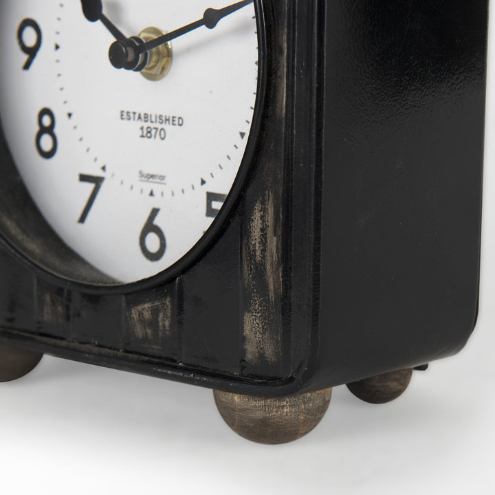 Karl Rustic Black Iron Rounded Square Table Clock Decor Mercana