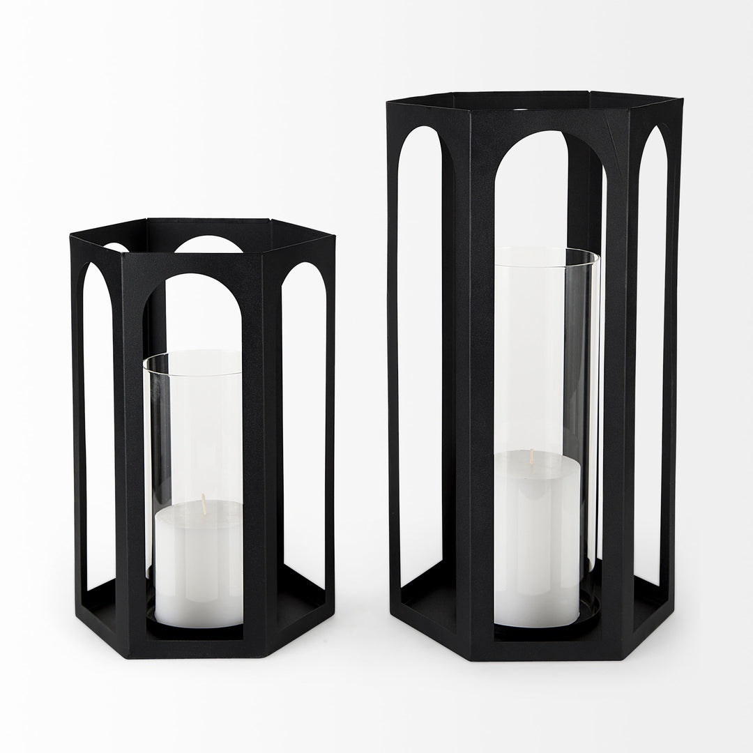 Balley Set of Two Matte Black Metal Hexagonal Candle Holder Lanterns Decor Mercana