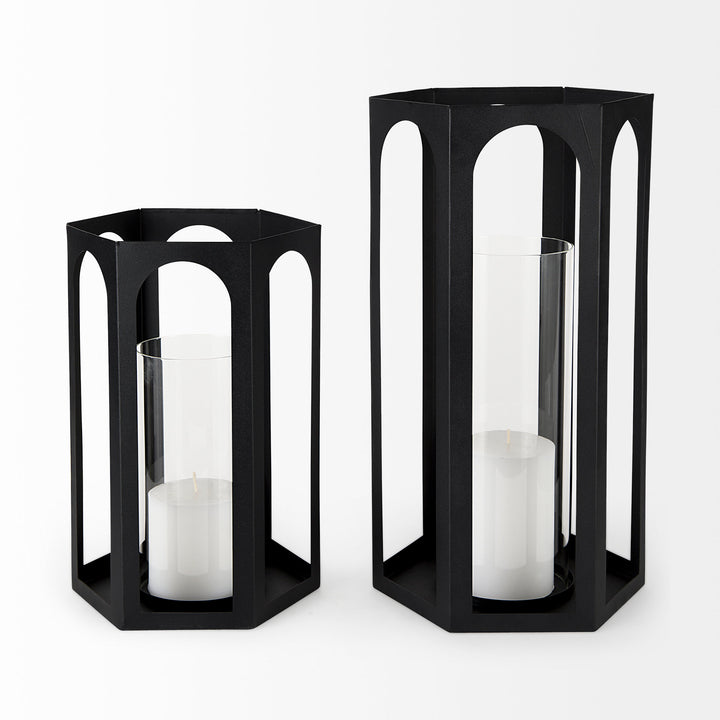 Balley Set of Two Matte Black Metal Hexagonal Candle Holder Lanterns Decor Mercana