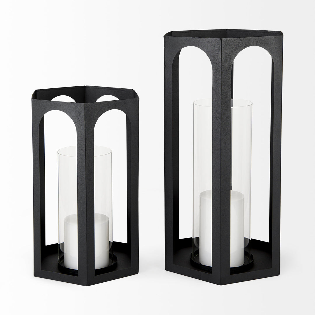 Balley Set of Two Matte Black Metal Hexagonal Candle Holder Lanterns Decor Mercana