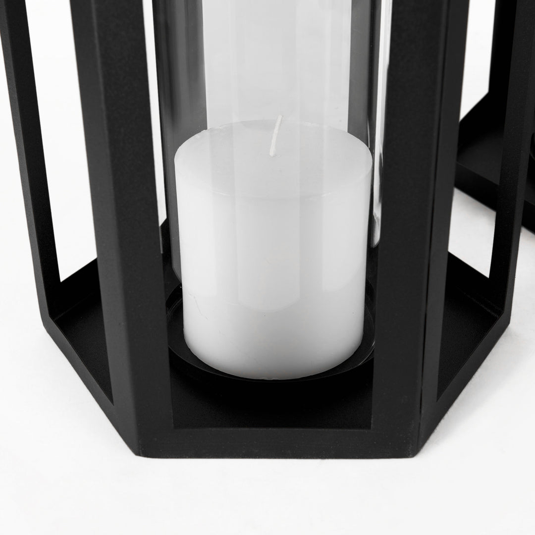 Balley Set of Two Matte Black Metal Hexagonal Candle Holder Lanterns Decor Mercana