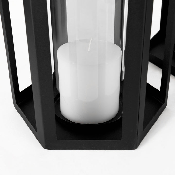 Balley Set of Two Matte Black Metal Hexagonal Candle Holder Lanterns Decor Mercana