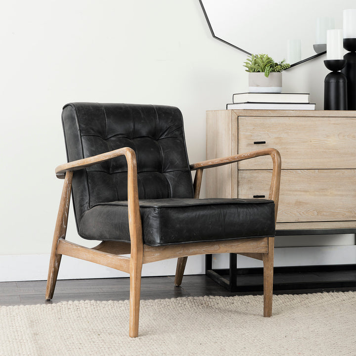 Phineas Black Leather W/ Brown Wooden Frame Accent Chair Living Room Mercana