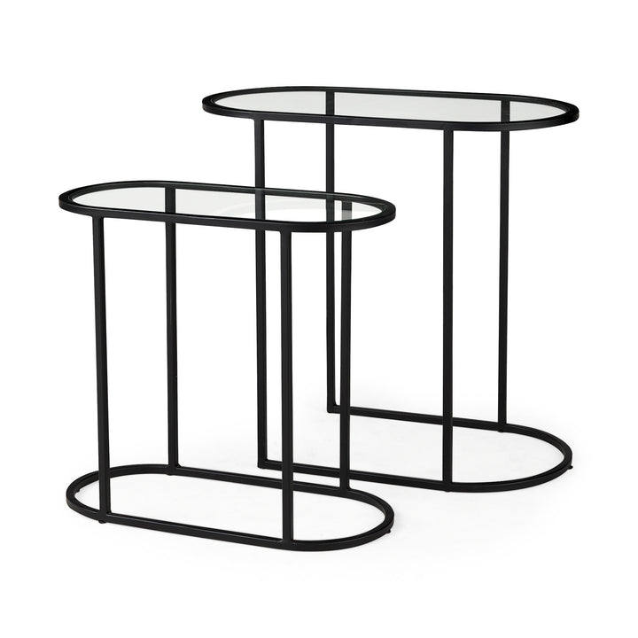 Celine 24.2 L x 12.6 W x 22.4 H Set of Two Black/Silver Metal and Glass Nesting Accent Tables Dining Room Mercana
