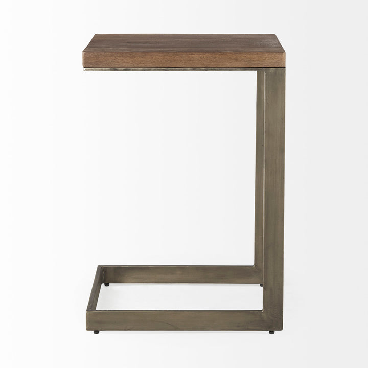 Faye Medium Brown Wood W/ Antique Nickel Finished Metal Base C Side Table Living Room Mercana
