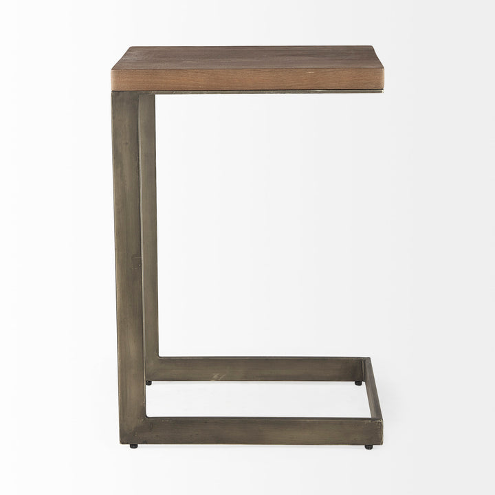 Faye Medium Brown Wood W/ Antique Nickel Finished Metal Base C Side Table Living Room Mercana
