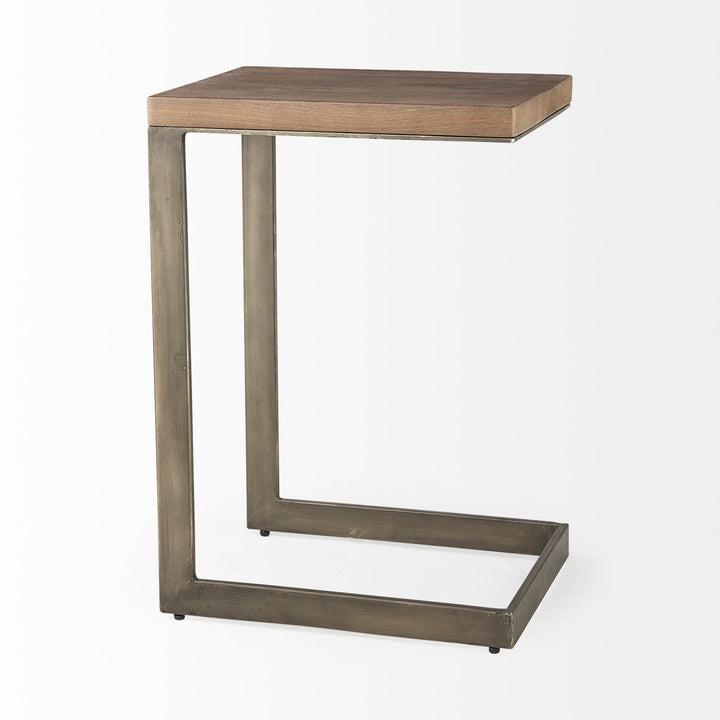 Faye Medium Brown Wood W/ Antique Nickel Finished Metal Base C Side Table Living Room Mercana