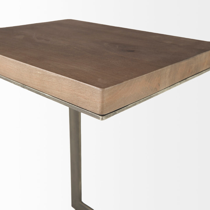 Faye Medium Brown Wood W/ Antique Nickel Finished Metal Base C Side Table Living Room Mercana