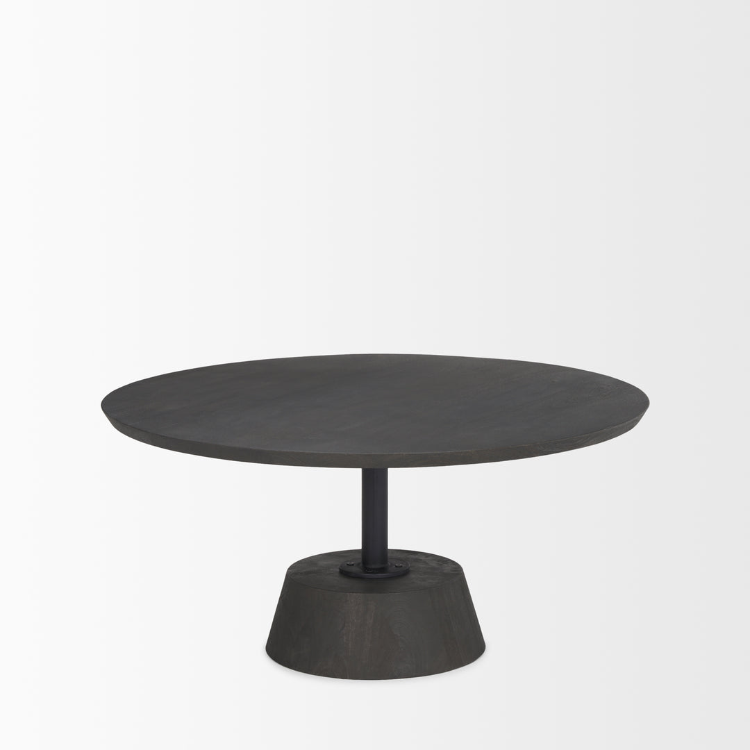 Maxwell Dark Brown Wood W/ Black Metal Pedestal Base Round Coffee Table Living Room Mercana