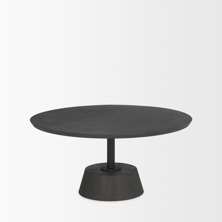 Maxwell Dark Brown Wood W/ Black Metal Pedestal Base Round Coffee Table Living Room Mercana