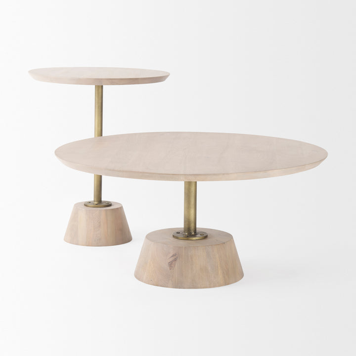 Maxwell 20" Round Light Brown Wood w/ Gold Metal Pedestal Side Table Living Room Mercana