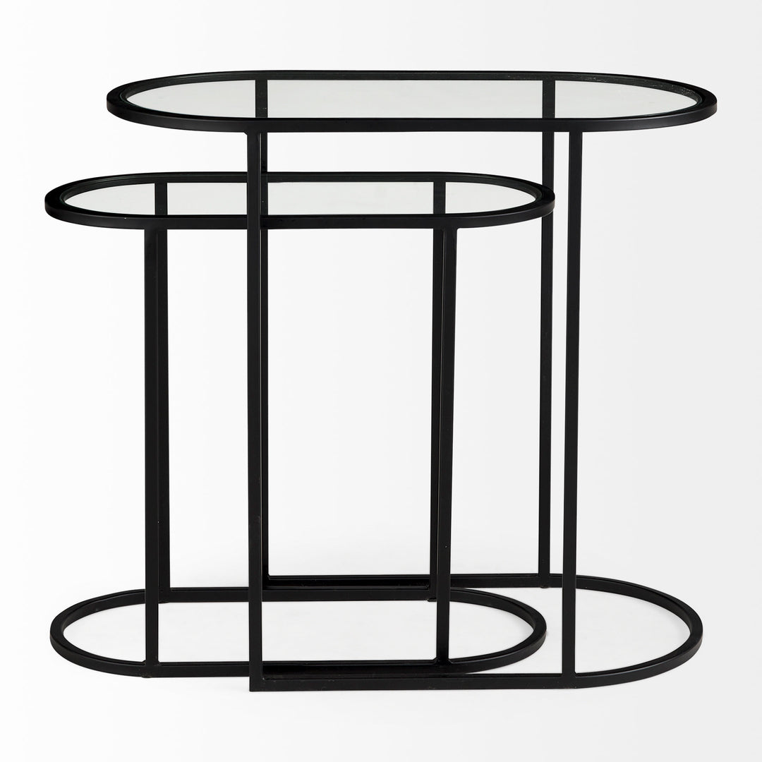Celine 24.2 L x 12.6 W x 22.4 H Set of Two Black/Silver Metal and Glass Nesting Accent Tables Dining Room Mercana
