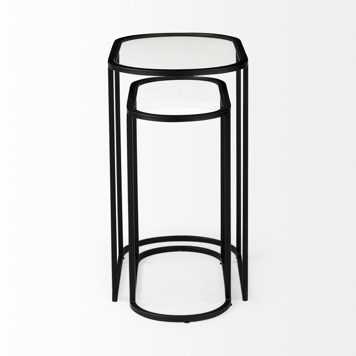 Celine 24.2 L x 12.6 W x 22.4 H Set of Two Black/Silver Metal and Glass Nesting Accent Tables Dining Room Mercana